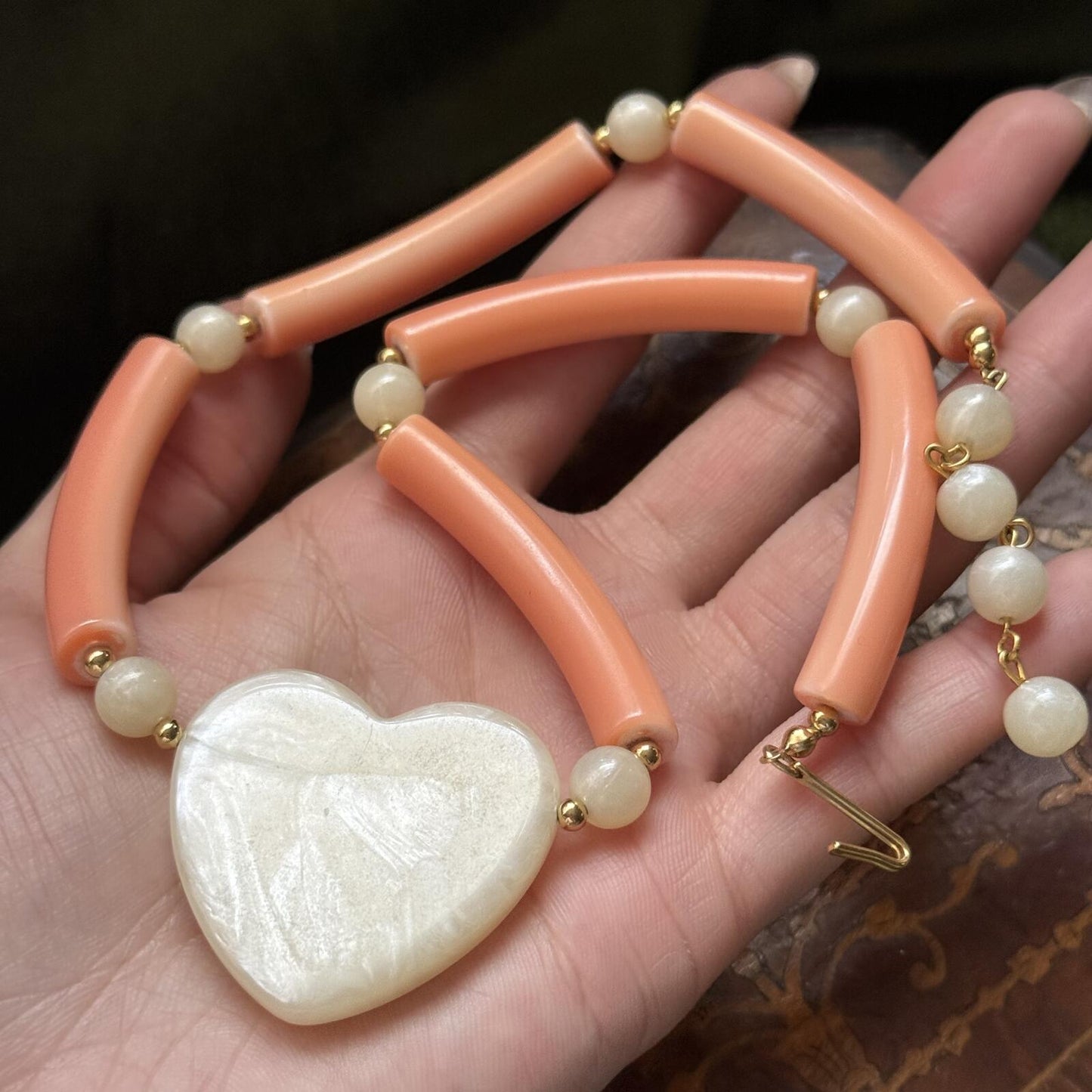 Vintage Avon Heart Peach Faux Heart Pearl Necklace