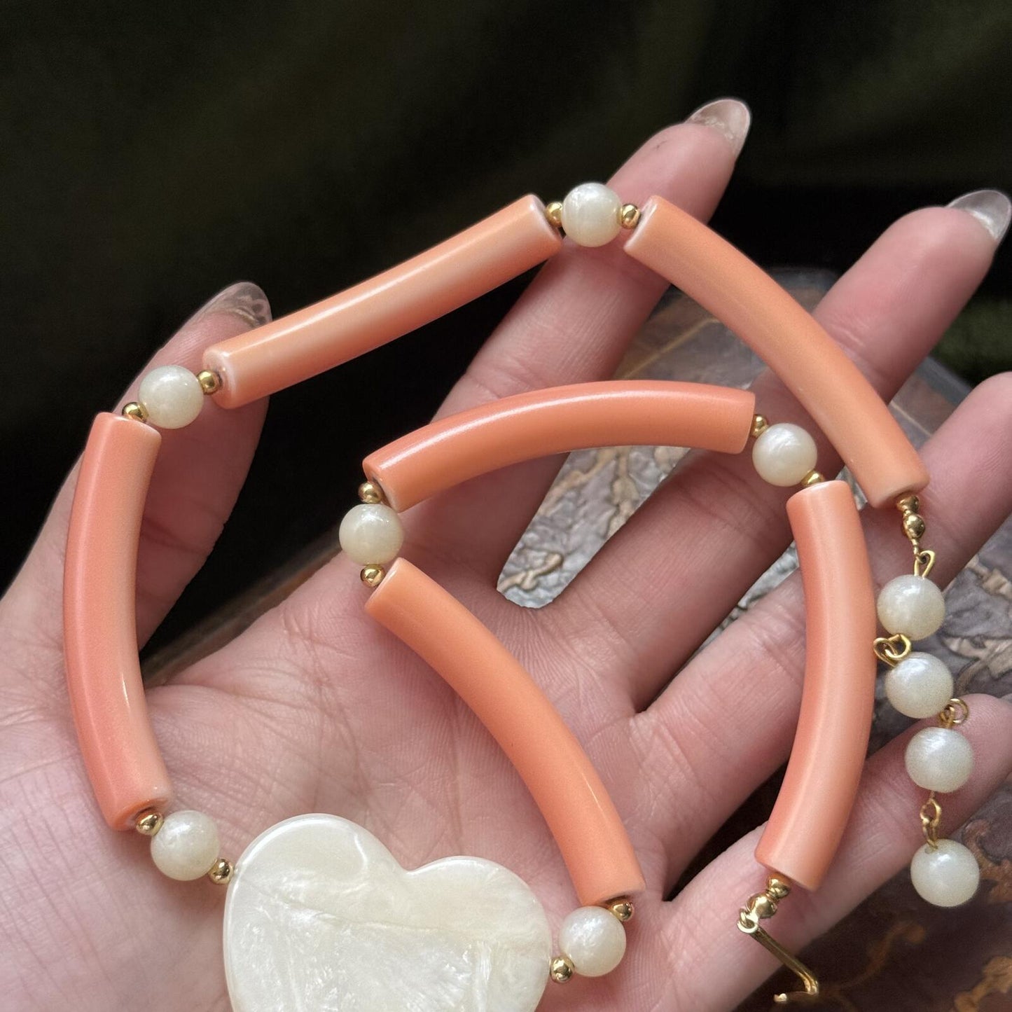 Vintage Avon Heart Peach Faux Heart Pearl Necklace