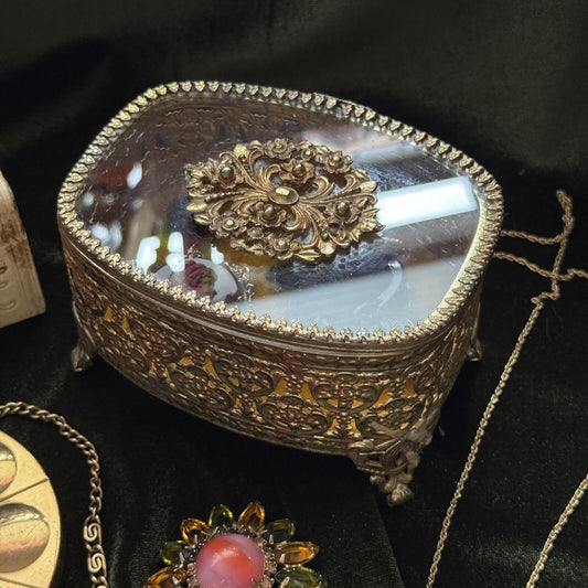 Vintage Glass Ormolu Casket Jewelry Box