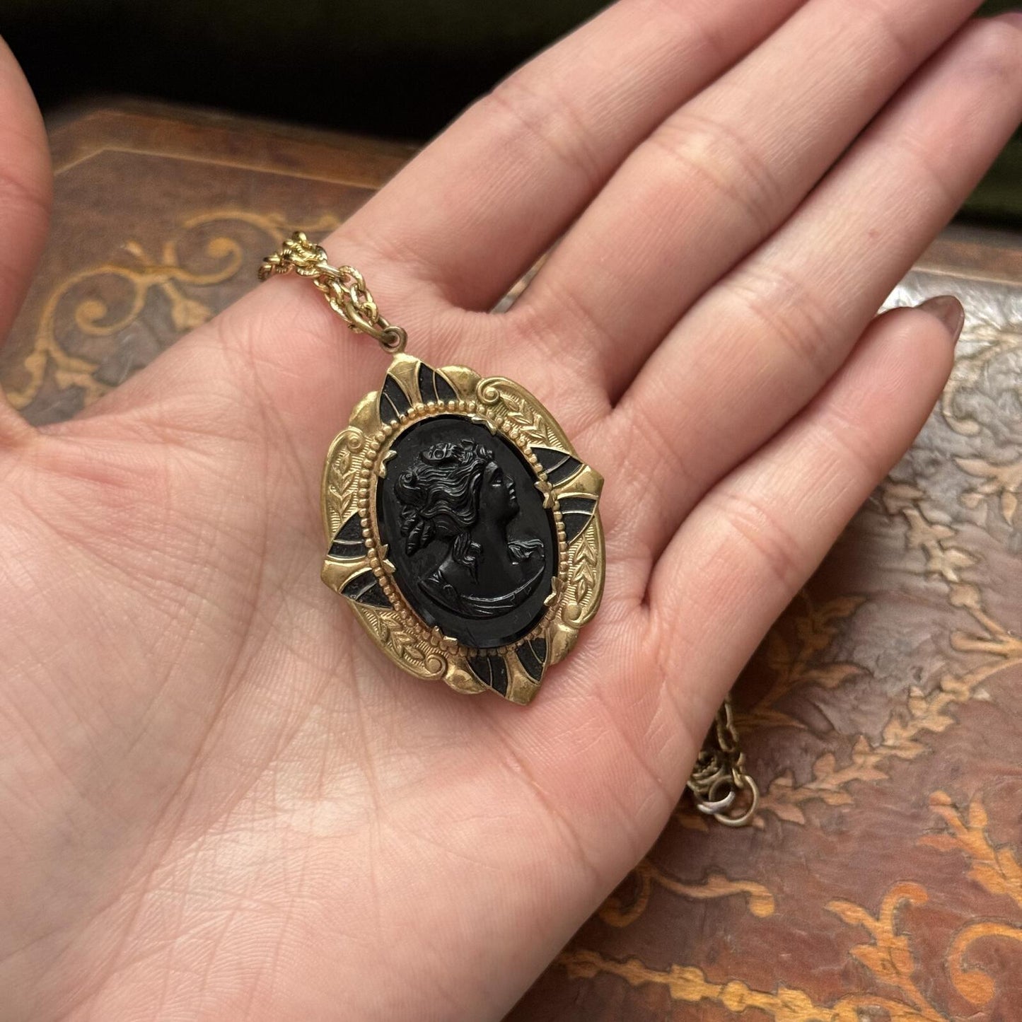 Vintage Black and Gold Cameo Locket Necklace