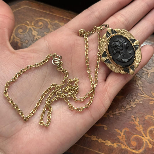 Vintage Black and Gold Cameo Locket Necklace