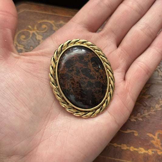 Vintage Gold tone & Brown faux Stone Glass Brooch