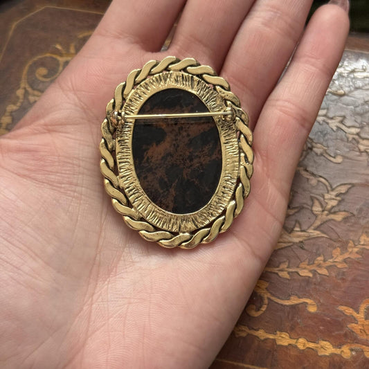 Vintage Gold tone & Brown faux Stone Glass Brooch