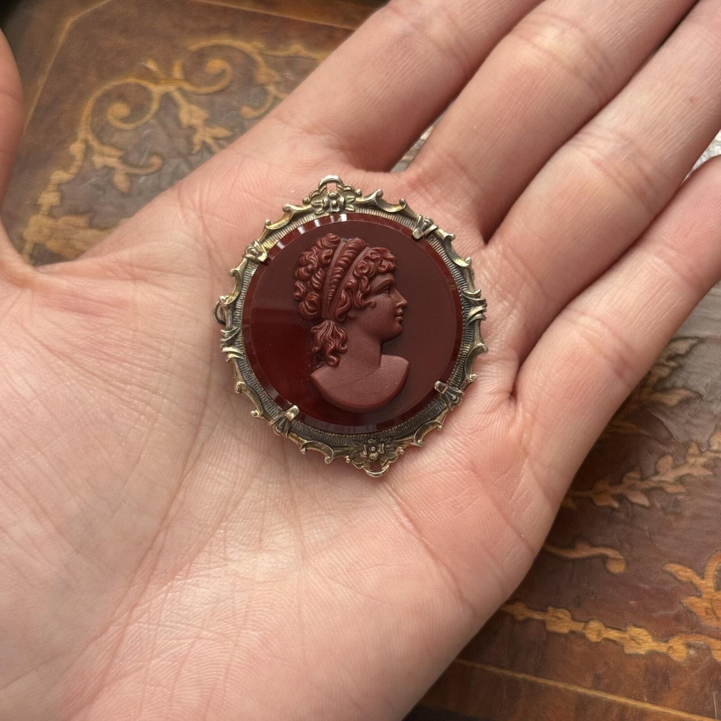 Vintage Glass Burgundy Cameo Brooch