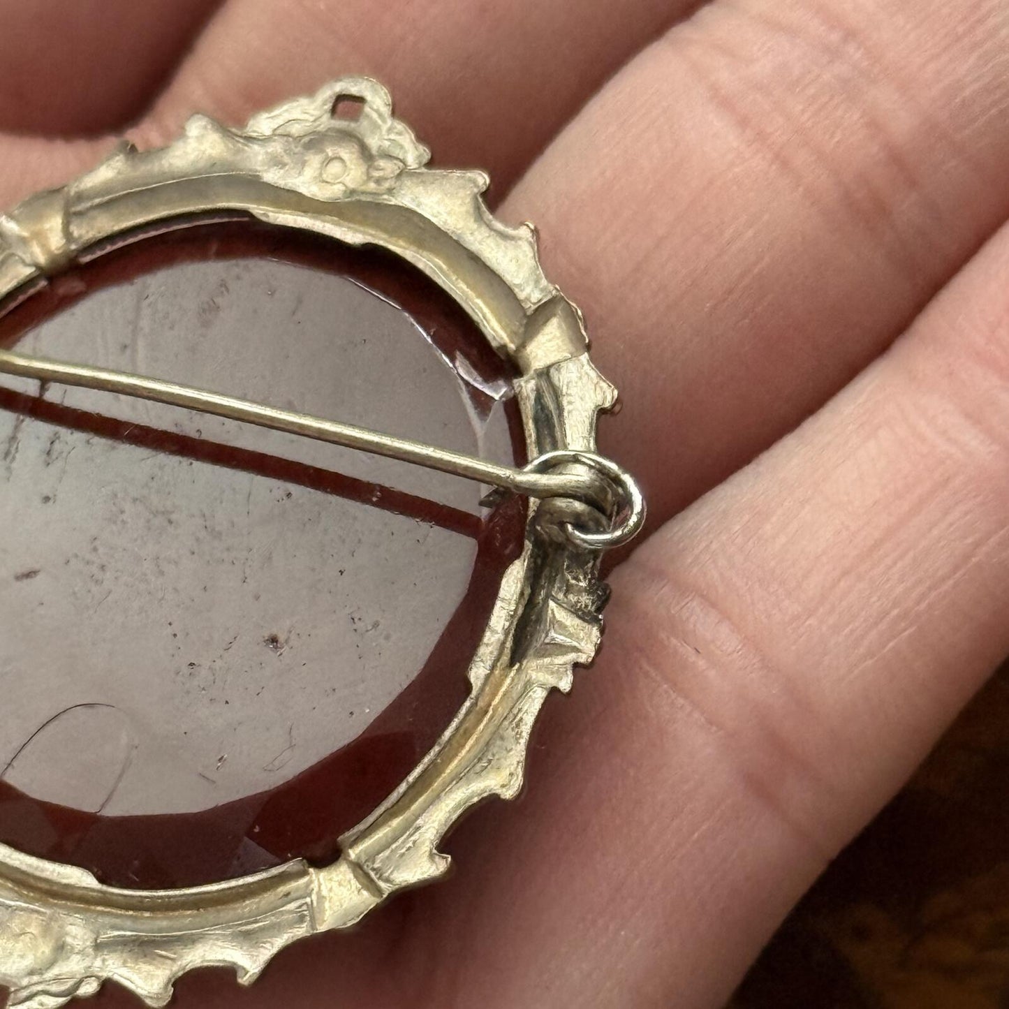 Vintage Glass Burgundy Cameo Brooch