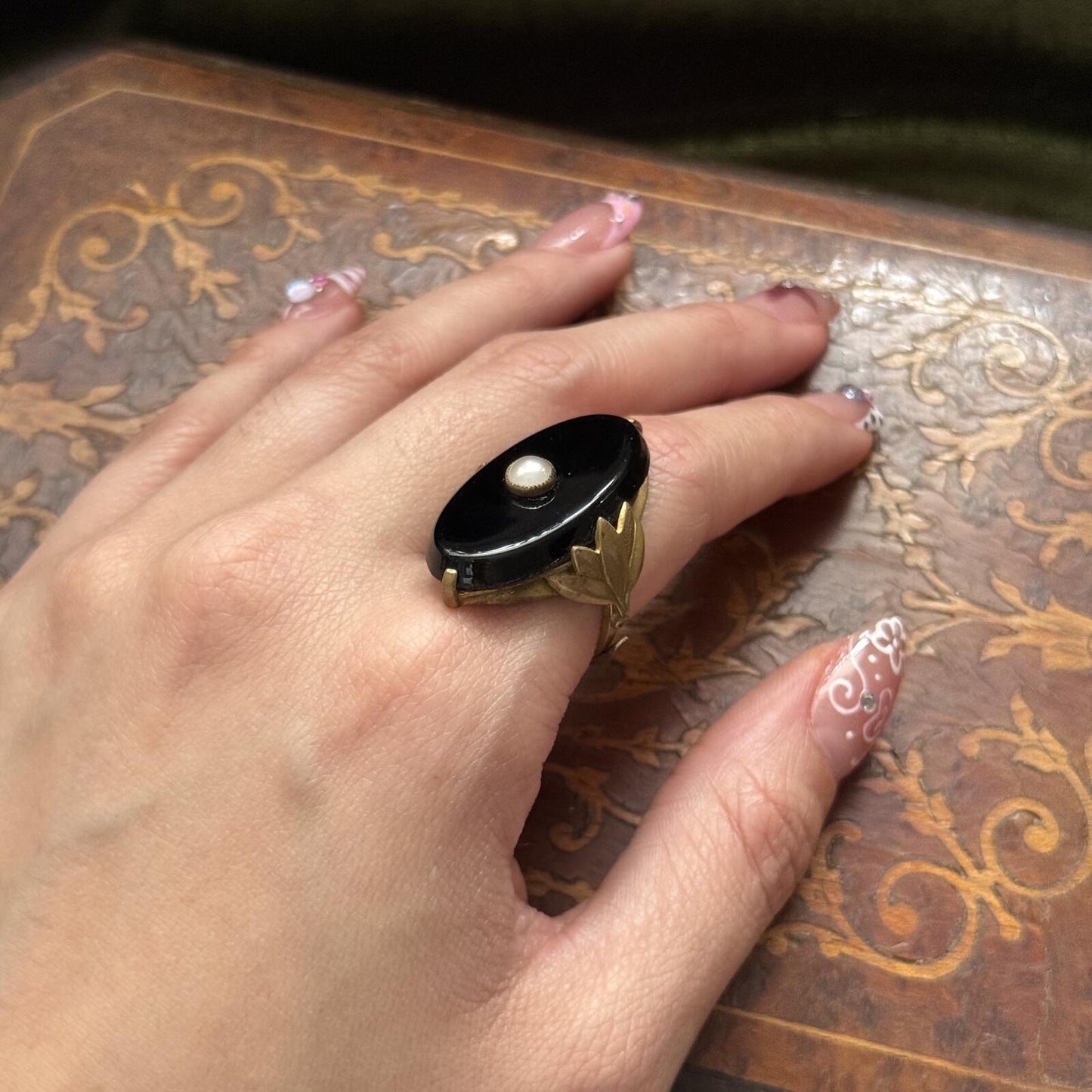 Vintage Antique Art Deco Black Glass and Faux Pearl Ring