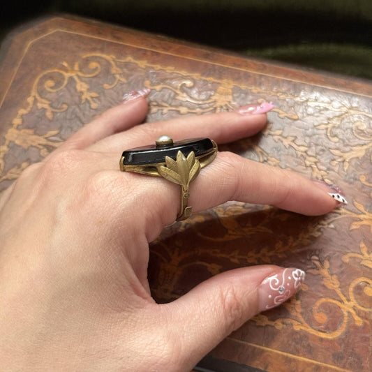 Vintage Antique Art Deco Black Glass and Faux Pearl Ring