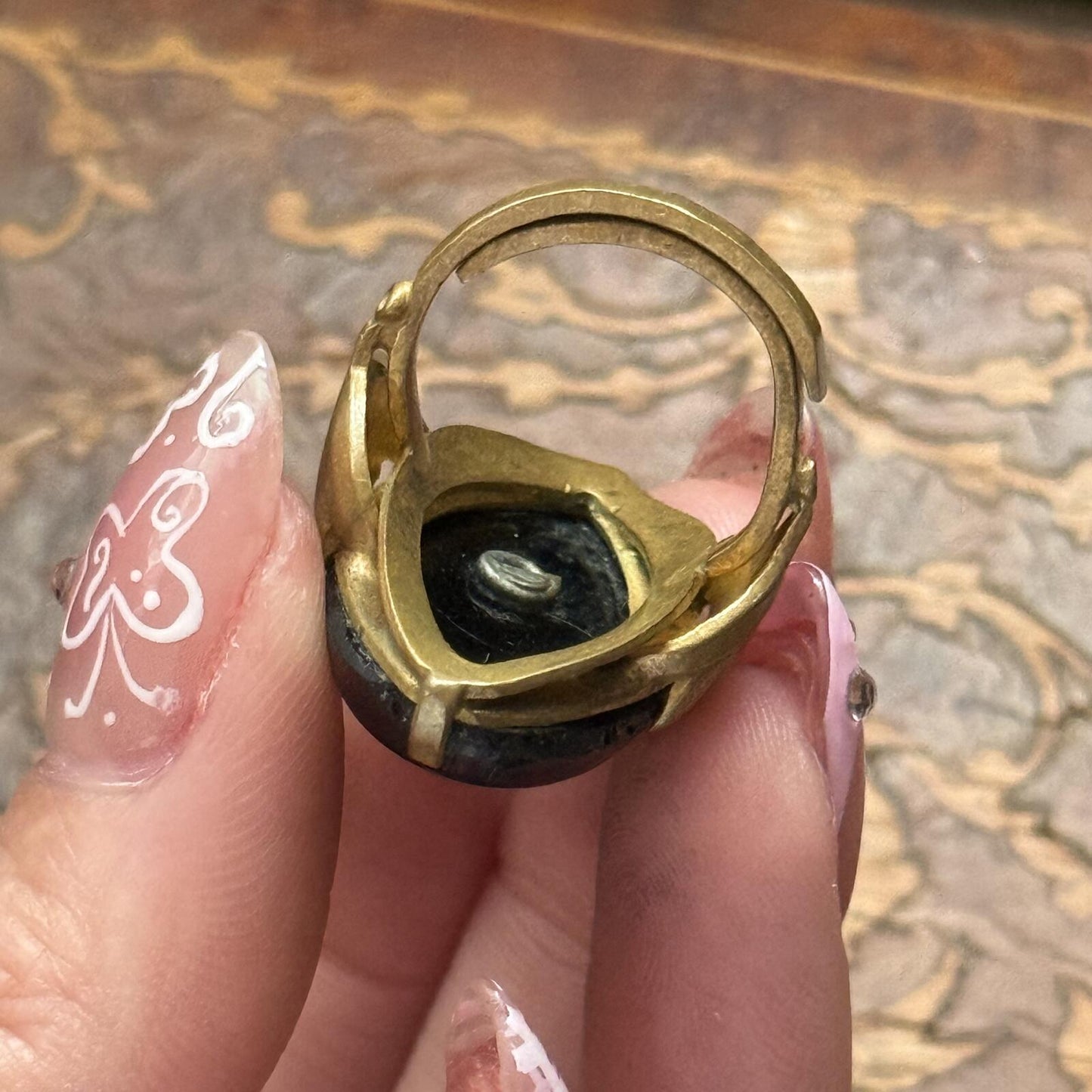 Vintage Antique Art Deco Black Glass and Faux Pearl Ring