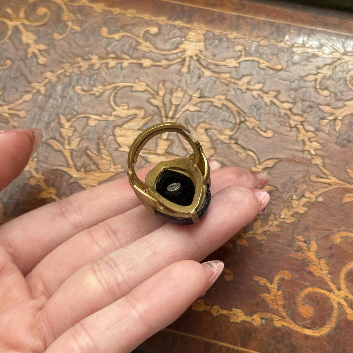 Vintage Antique Art Deco Black Glass and Faux Pearl Ring