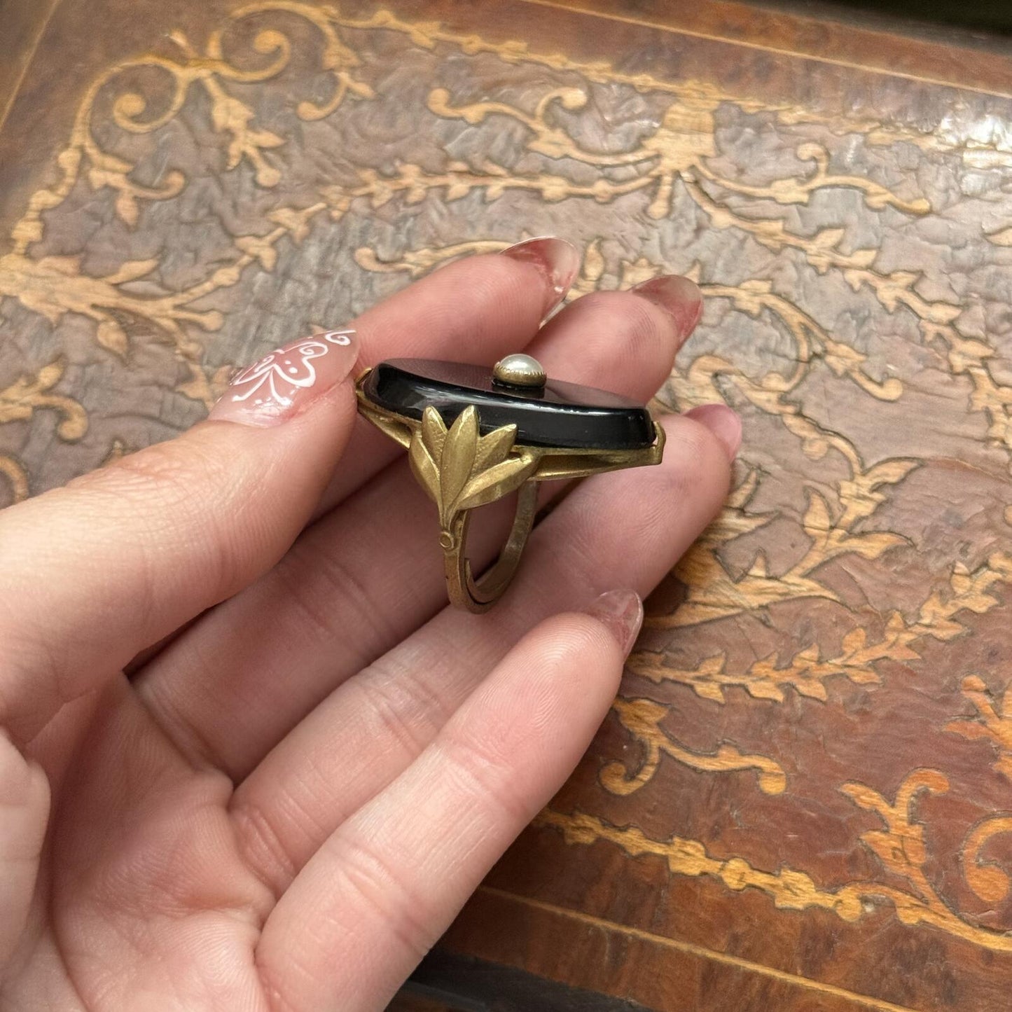 Vintage Antique Art Deco Black Glass and Faux Pearl Ring
