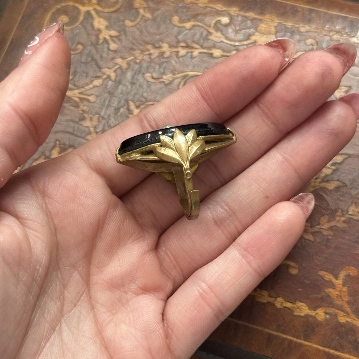 Vintage Antique Art Deco Black Glass and Faux Pearl Ring