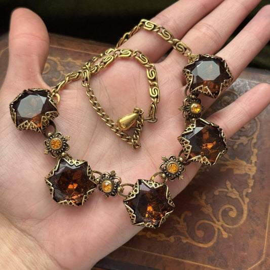 Vintage Victorian Glass Amber colored stone Necklace