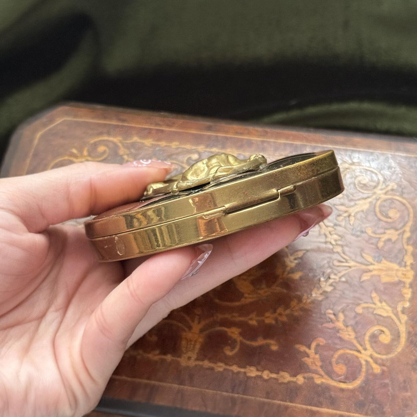 Vintage Art Nouveau Gold Tone Compact with Mirror
