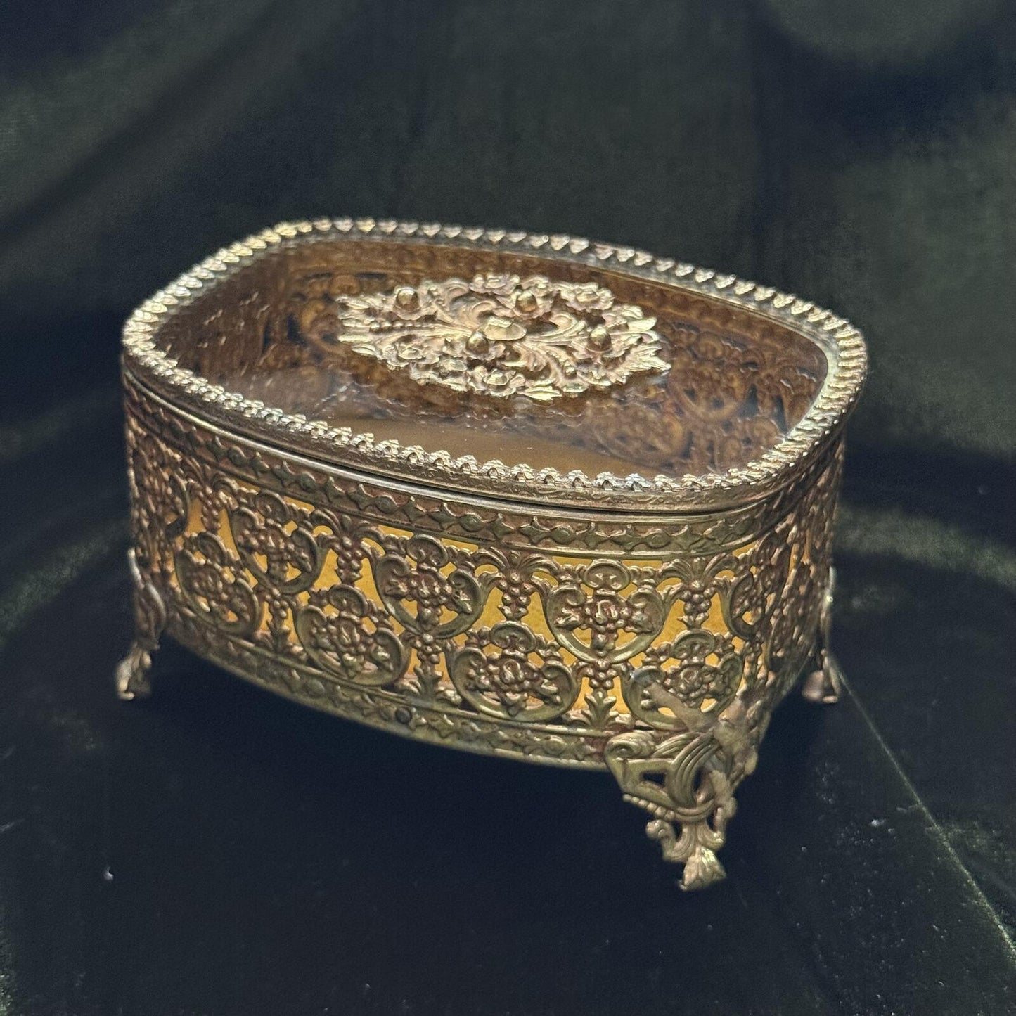 Vintage Glass Ormolu Casket Jewelry Box