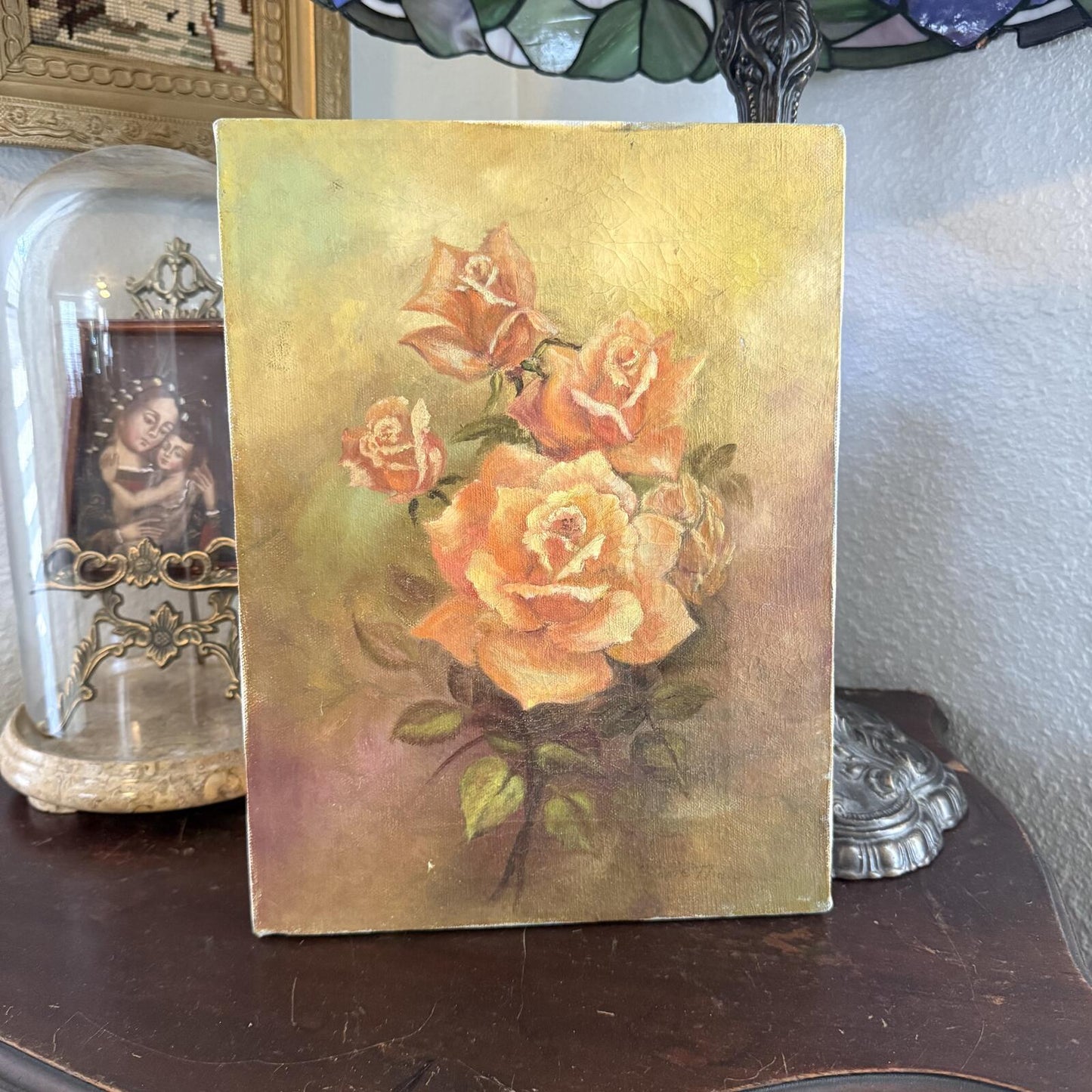 Vintage painting on canvas bouquet of orange and yellow roses