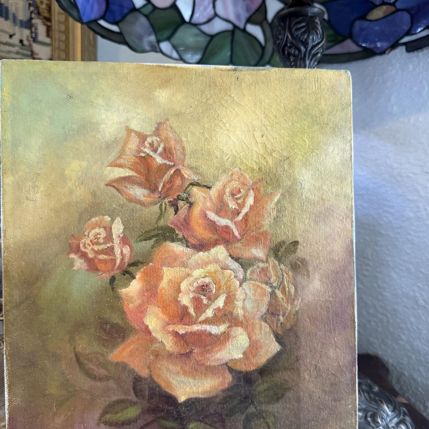 Vintage painting on canvas bouquet of orange and yellow roses