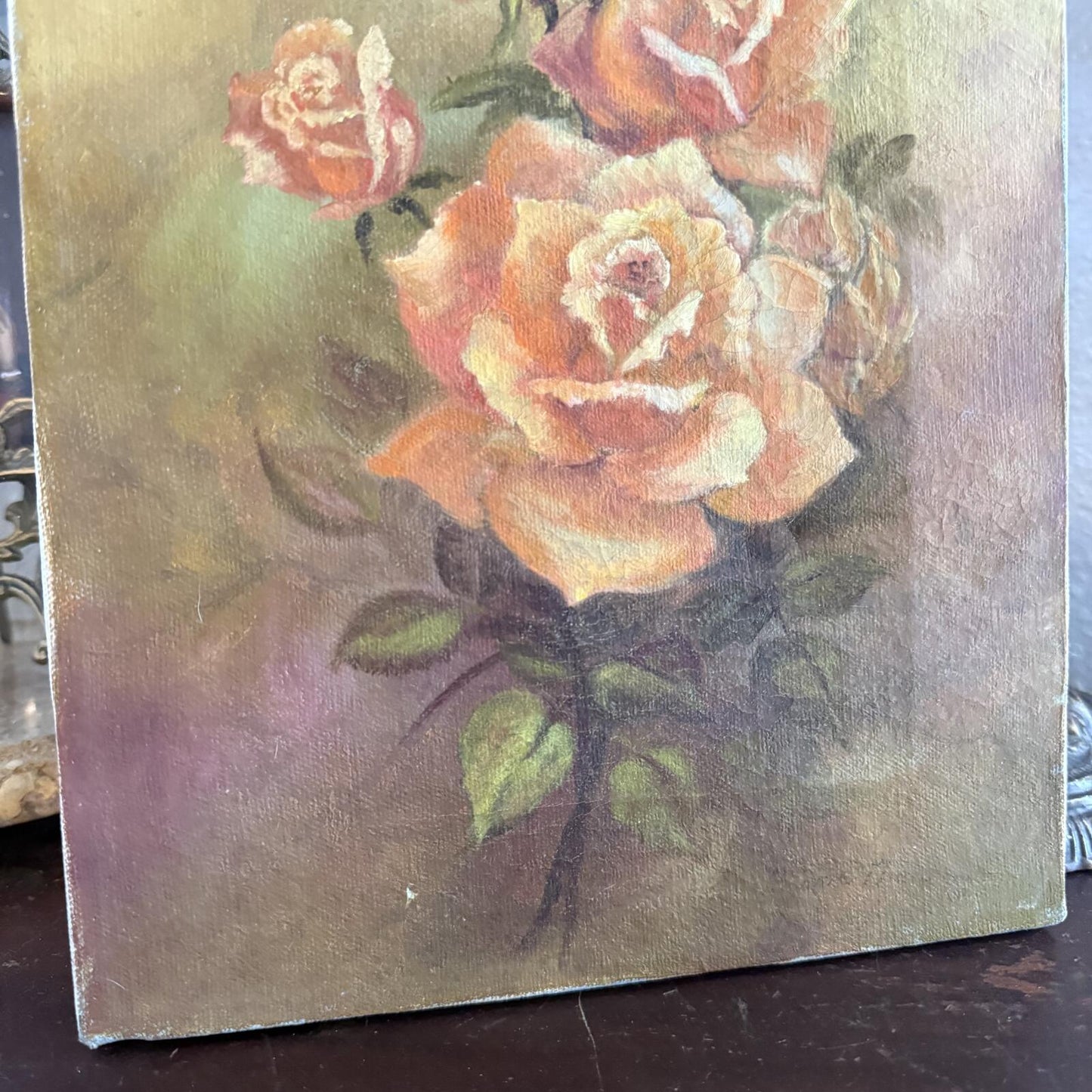 Vintage painting on canvas bouquet of orange and yellow roses