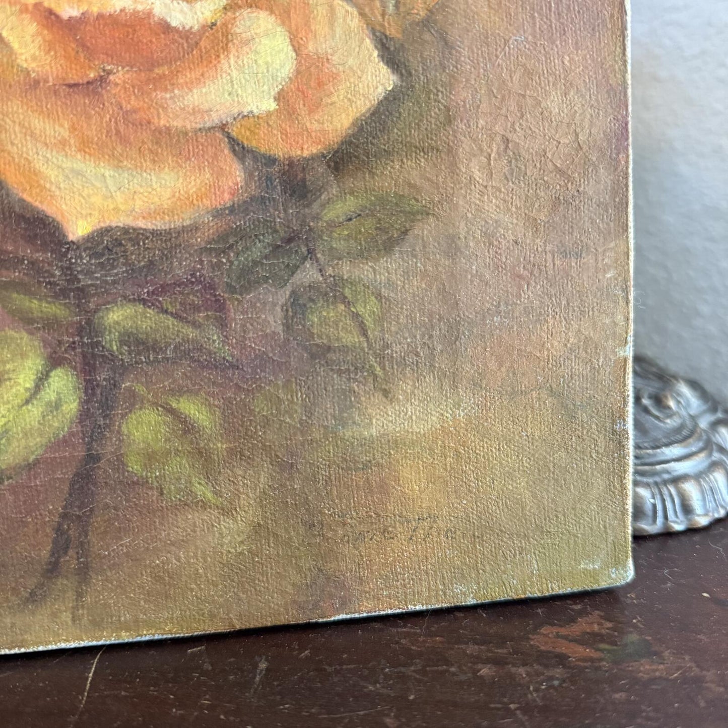 Vintage painting on canvas bouquet of orange and yellow roses