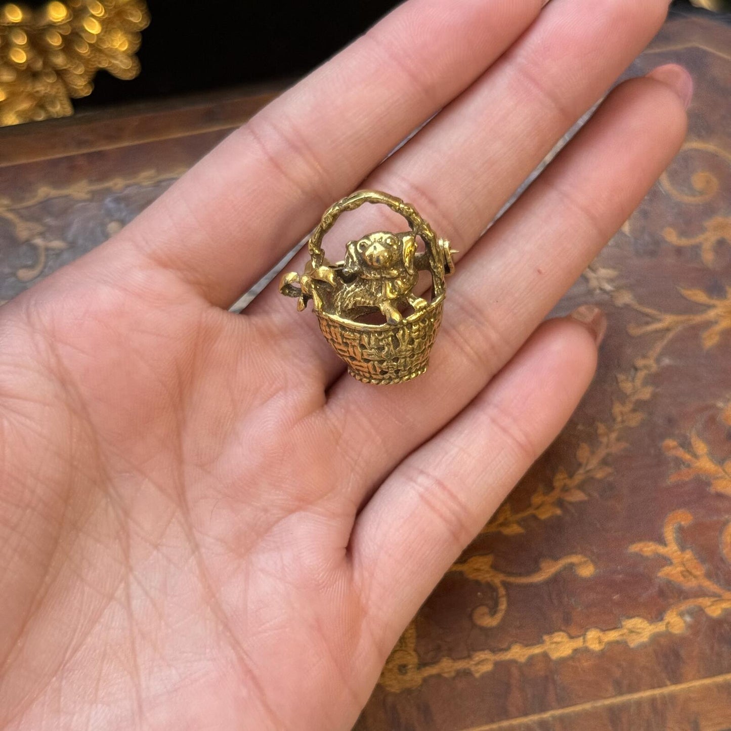 Vintage Dog & wicker basket Brooch