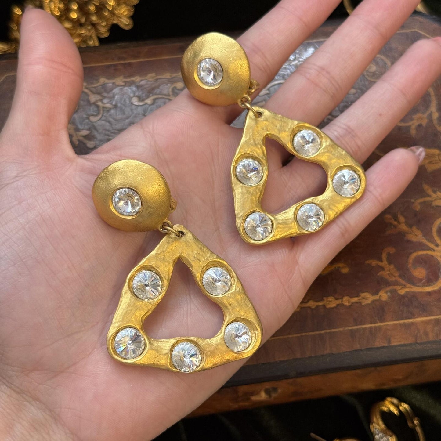 Vintage Norma Jean Large Triangle Etruscan Rivoli Matte Gold Tone Clip Earrings