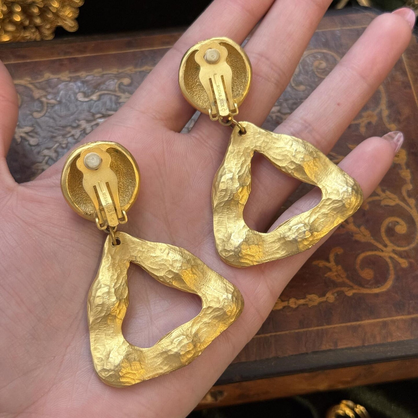 Vintage Norma Jean Large Triangle Etruscan Rivoli Matte Gold Tone Clip Earrings