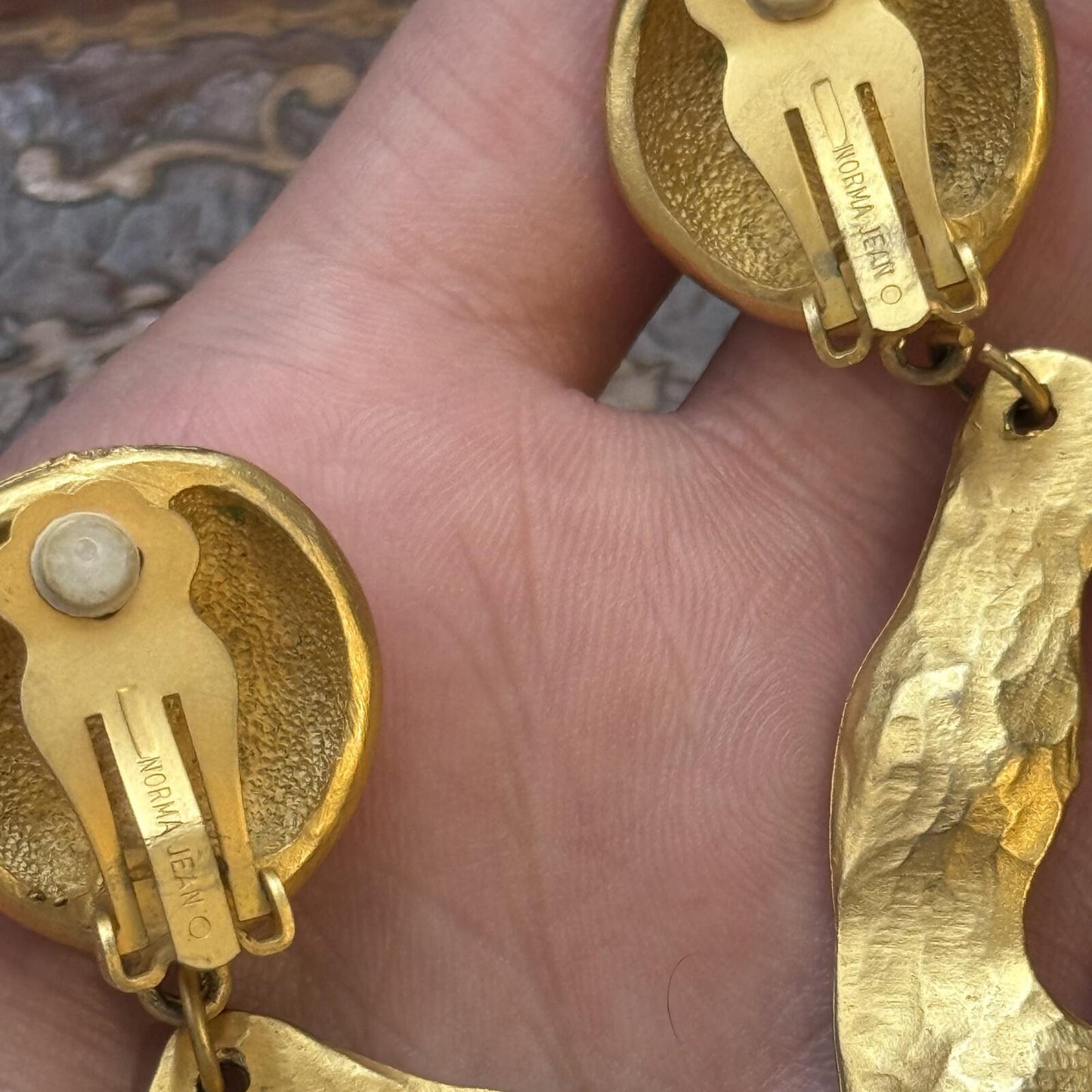 Vintage Norma Jean Large Triangle Etruscan Rivoli Matte Gold Tone Clip Earrings