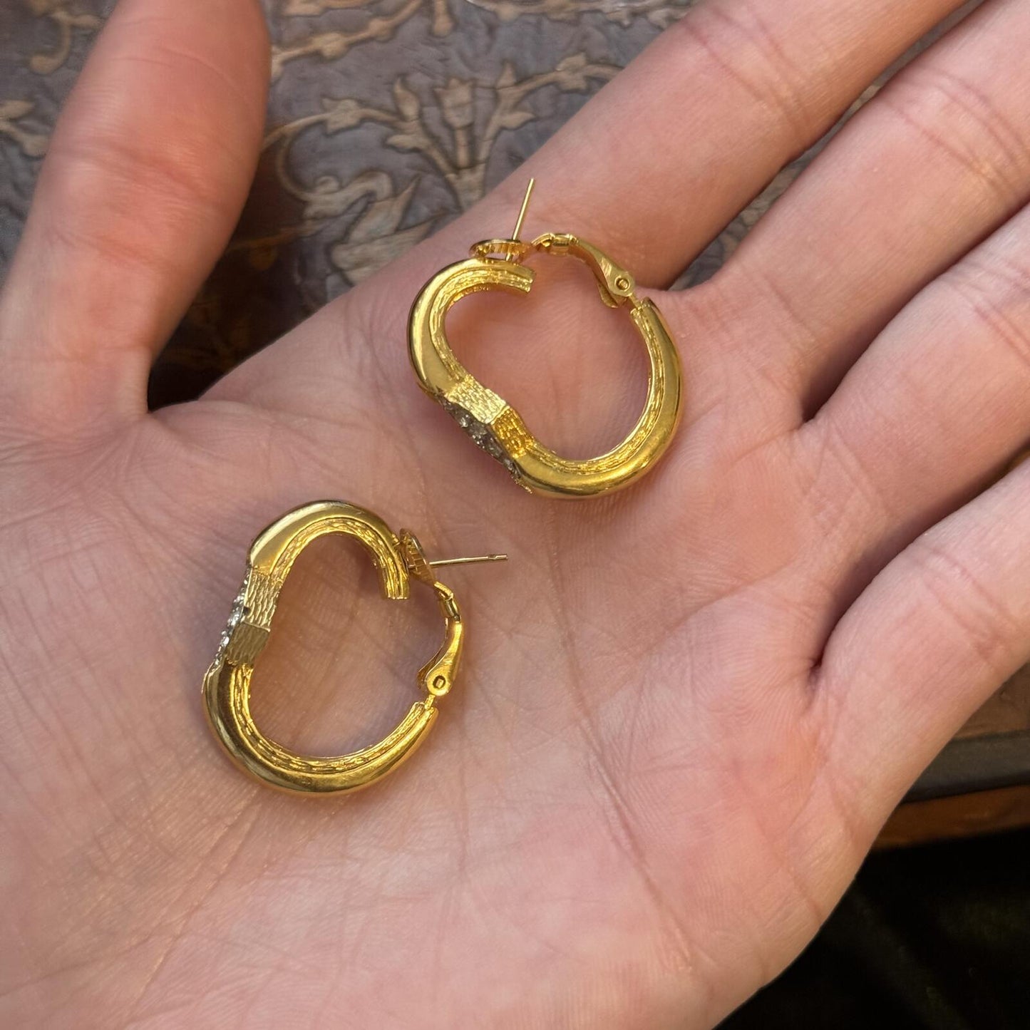 Vintage Gold Tone Rhinestone Hoop Earrings