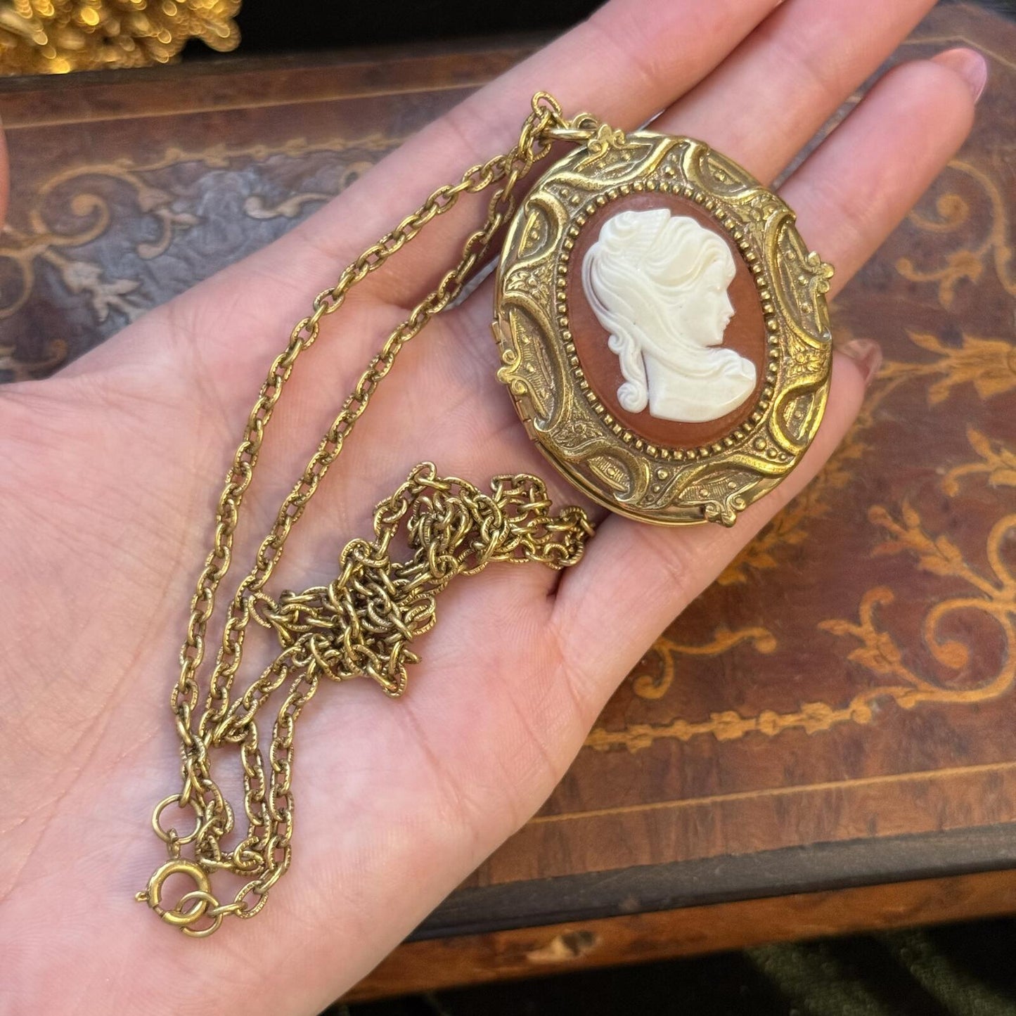 Vintage Cameo Locket Resin Necklace