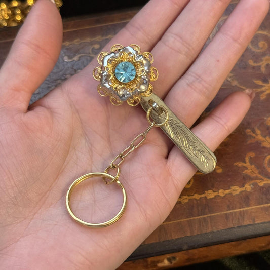 Vintage Kings Key Finder Ring Clip-on Blue Rhinestone