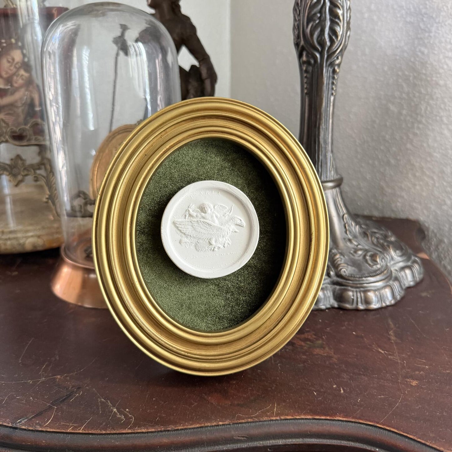 Vintage Style Framed Plaster Cameo Intaglio classical Relief Gold Oval Framed
