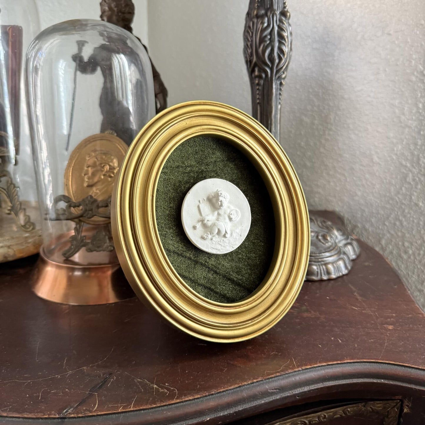 Vintage Style Framed Plaster Cameo Intaglio classical Relief Gold Oval Frame