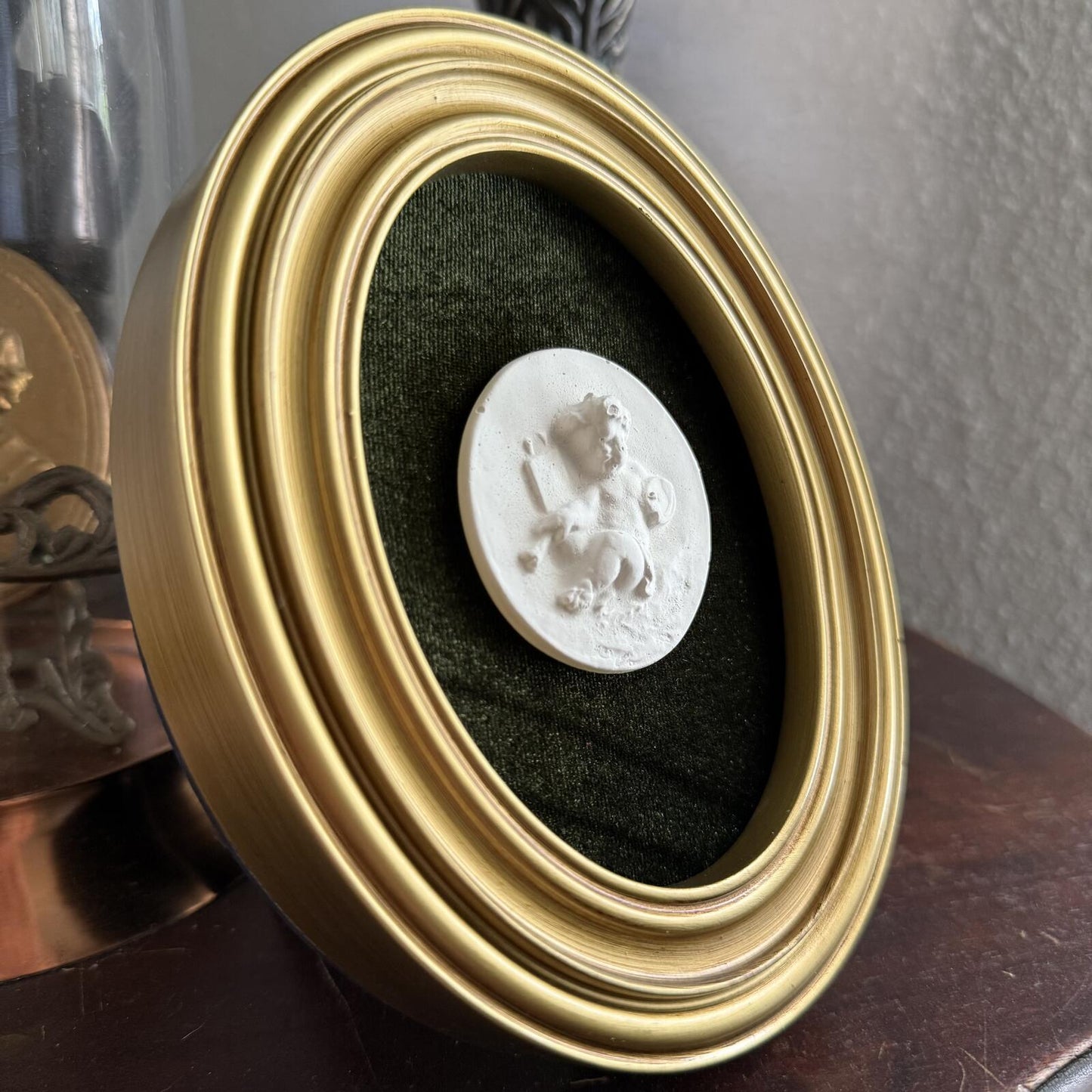Vintage Style Framed Plaster Cameo Intaglio classical Relief Gold Oval Frame