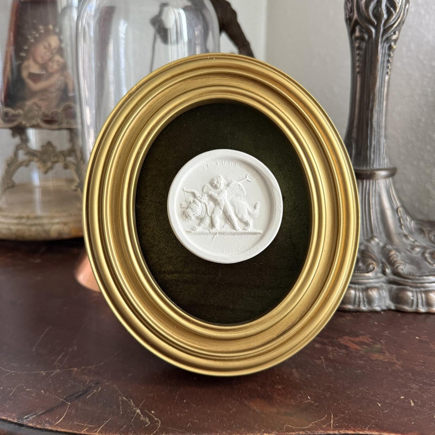 Vintage Style Framed Plaster Cameo Intaglio classical Relief Gold Oval Frame