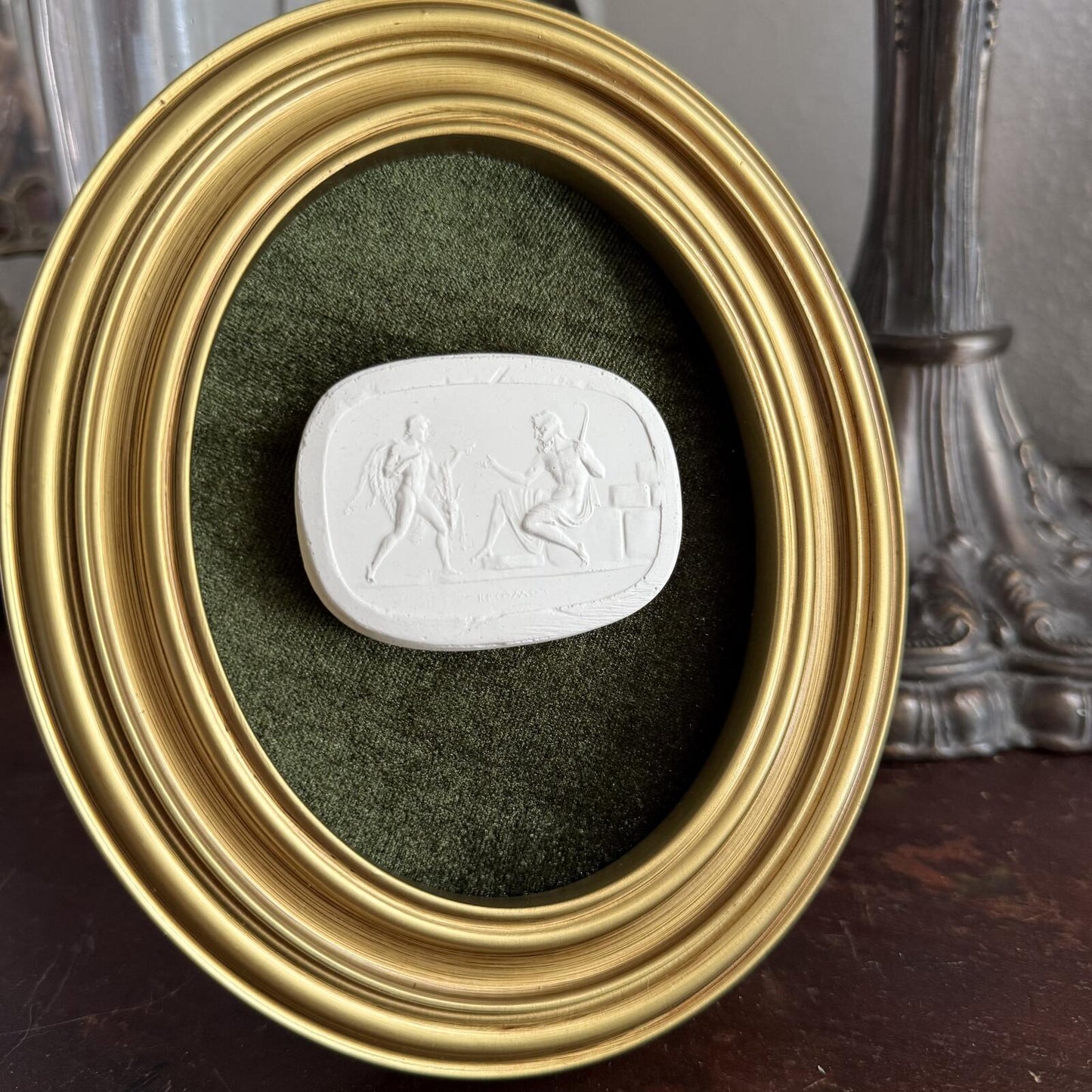 Vintage Style Framed Plaster Cameo Intaglio classical Relief Gold Oval Frame