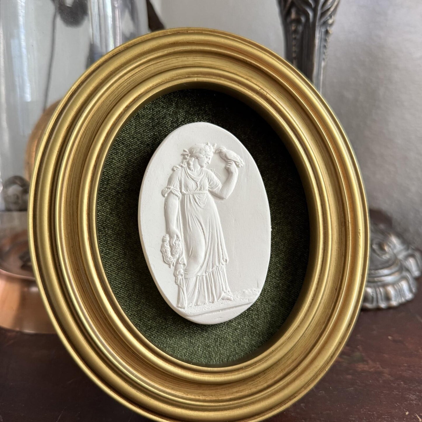 Vintage Style Framed Plaster Cameo Intaglio classical Relief Gold Oval Frame