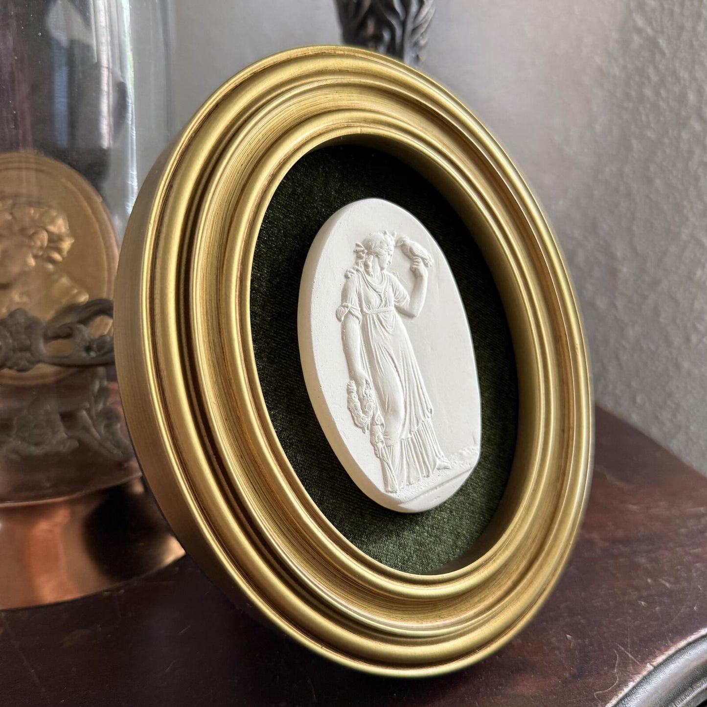 Vintage Style Framed Plaster Cameo Intaglio classical Relief Gold Oval Frame
