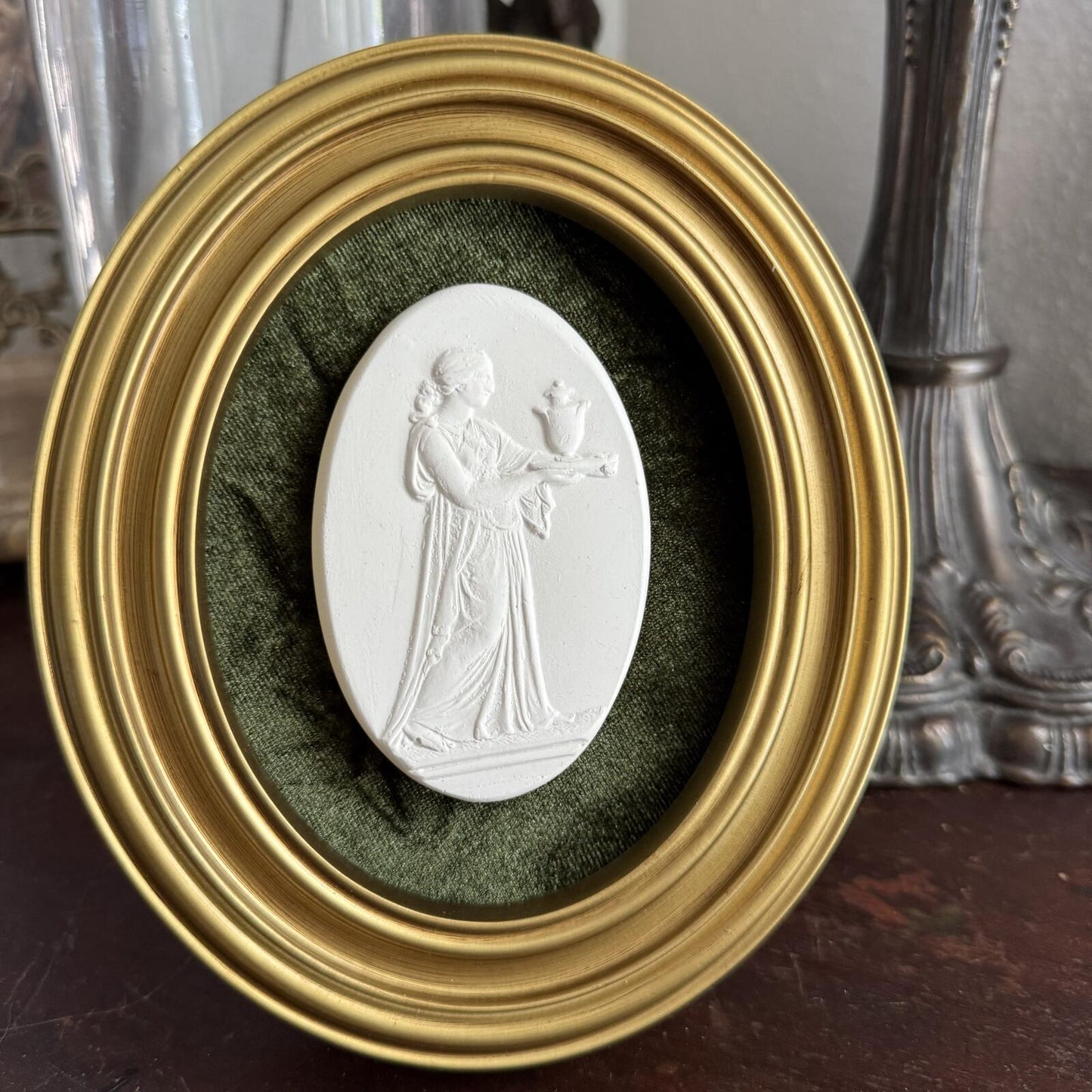 Vintage Style Framed Plaster Cameo Intaglio classical Relief Gold Oval