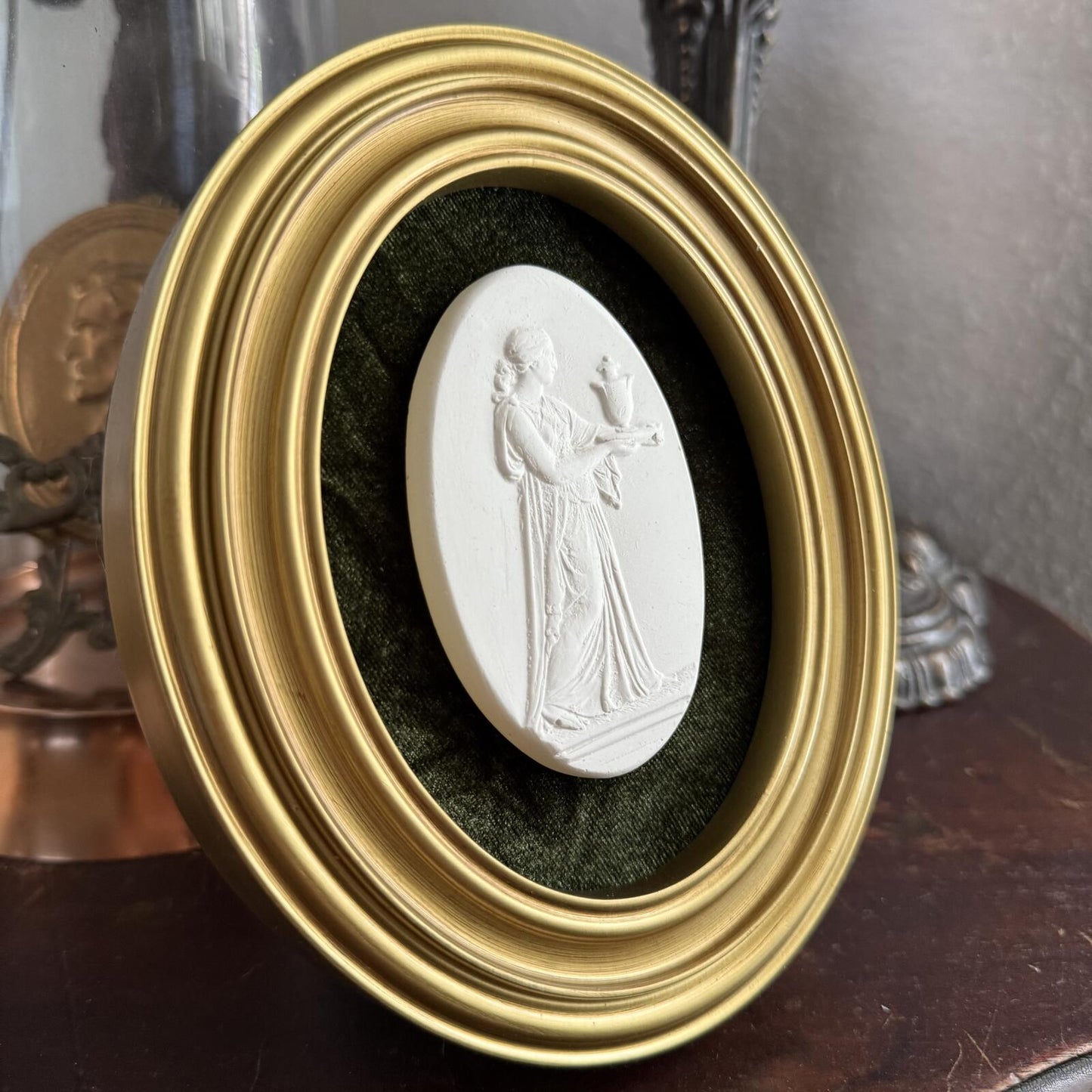 Vintage Style Framed Plaster Cameo Intaglio classical Relief Gold Oval