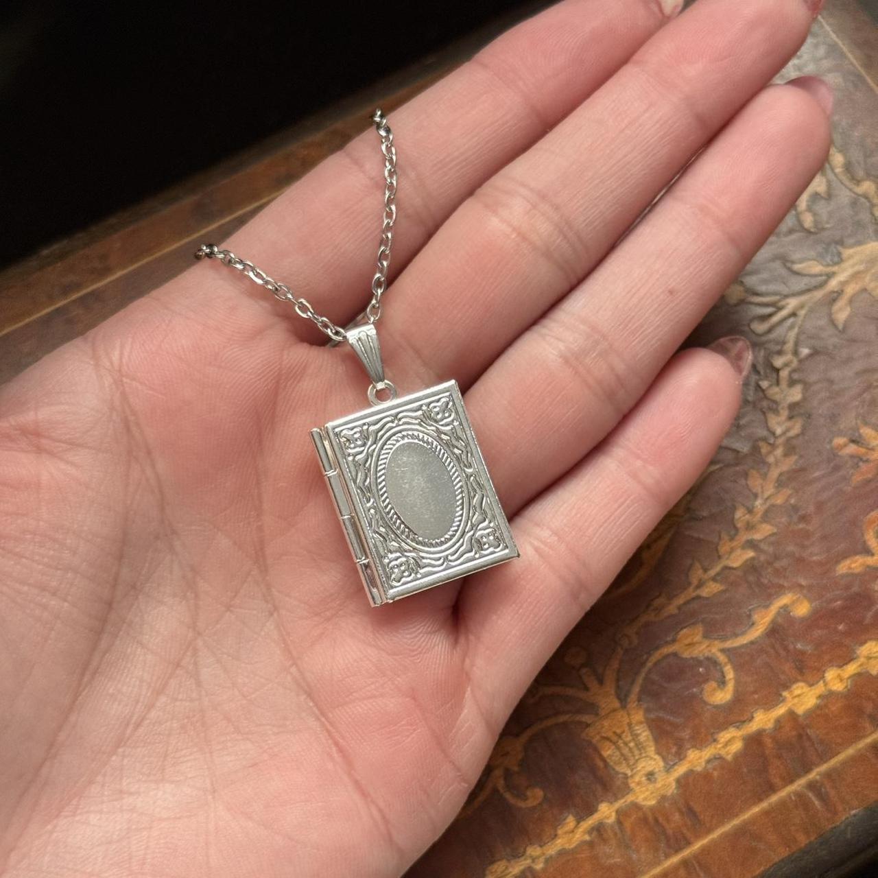 Vintage Style Silve Tone Book Locket Necklace