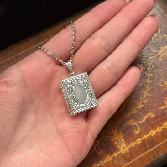 Vintage Style Silve Tone Book Locket Necklace