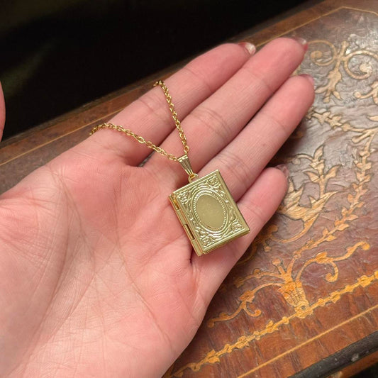 Vintage Style Gold Tone Book Locket Necklace