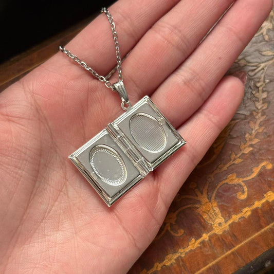 Vintage Style Silve Tone Book Locket Necklace