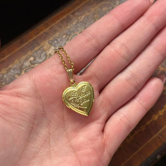 Vintage Style Gold Tone "I Love You" Heart Locket Necklace