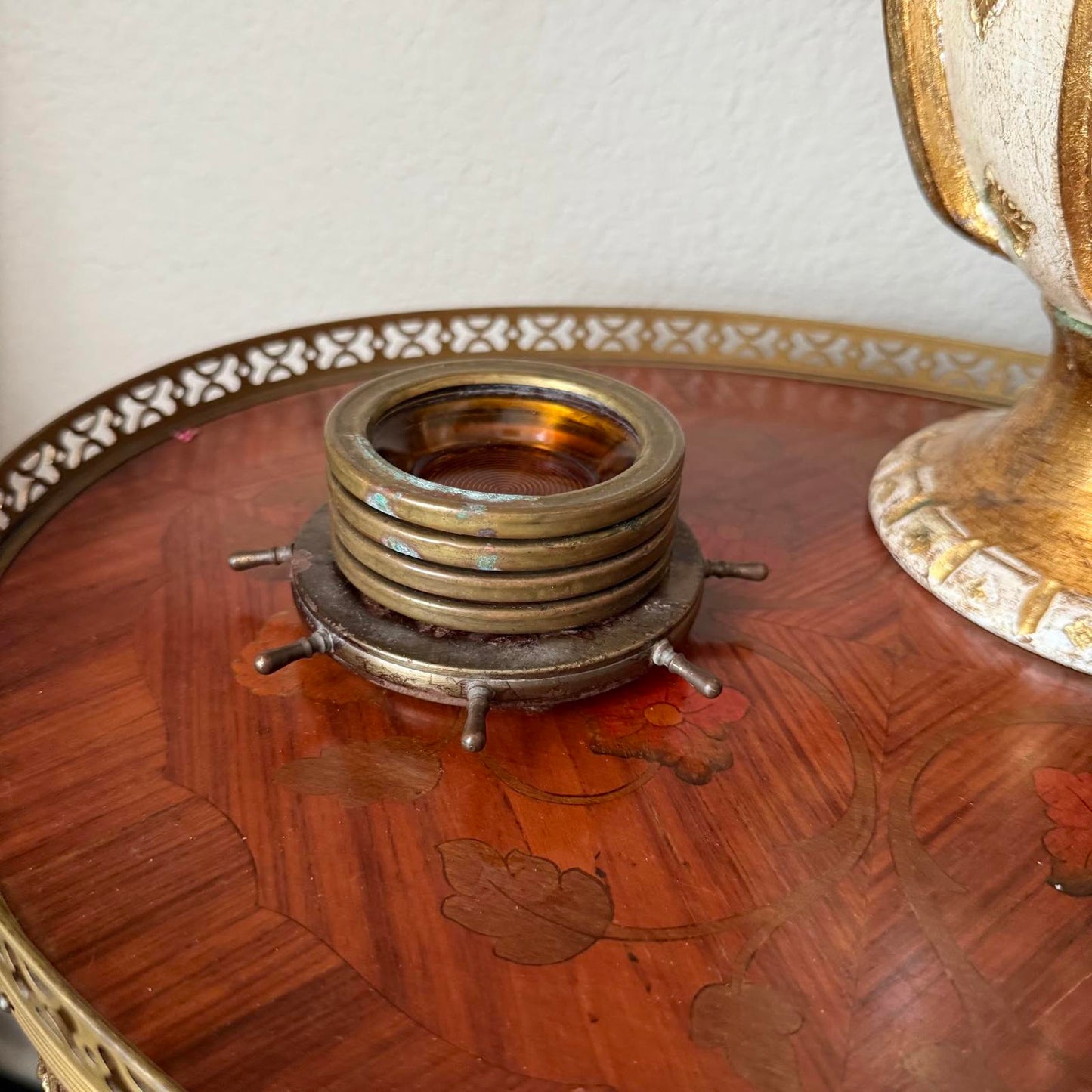 Vintage Ship Steering Wheel Amber Glass Coasters