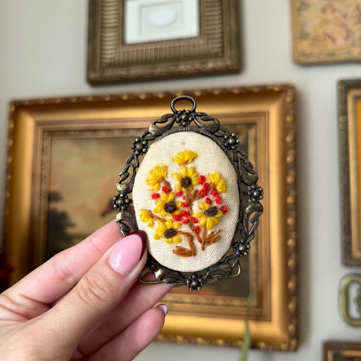 Vintage Oval Floral Embroidery in Orange Metal Frame