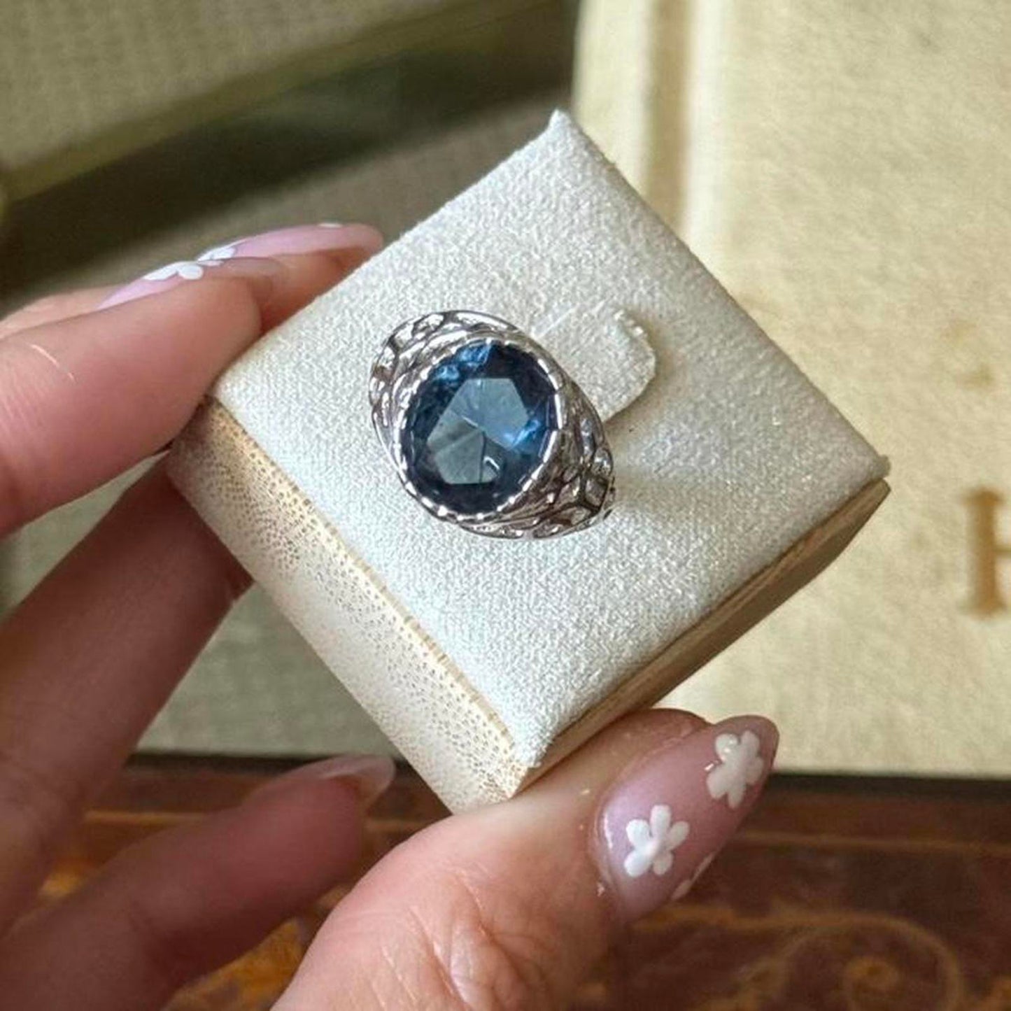 Vintage Silver tone Electroplated Blue Sapphire faux Glass Ring