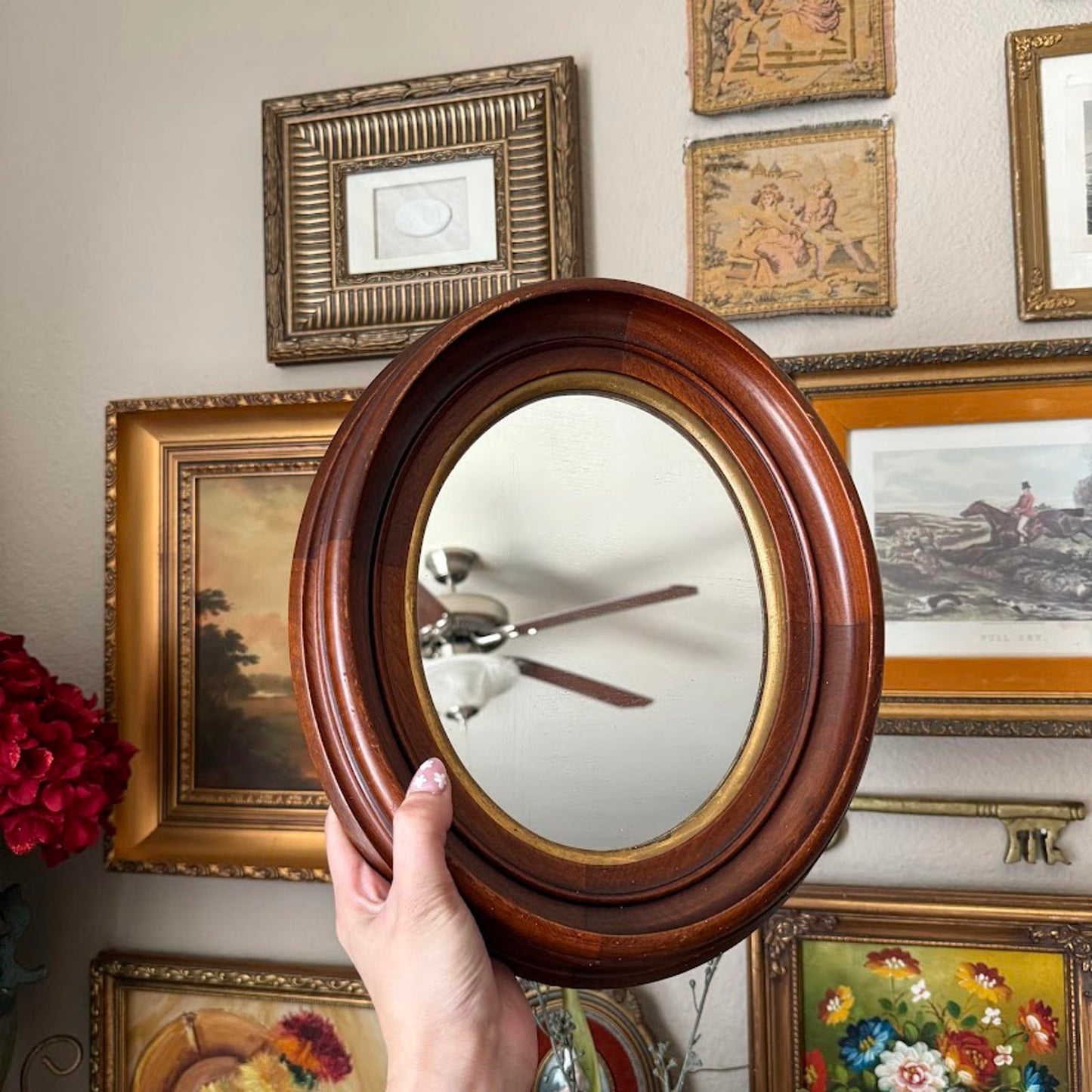 Vintage Wooden Oval Mirror