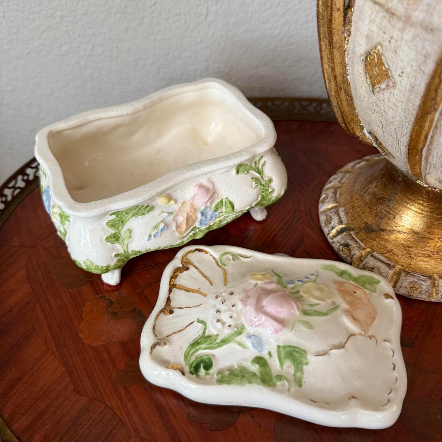 Vintage Floral Ceramic Footed Trinket Dish