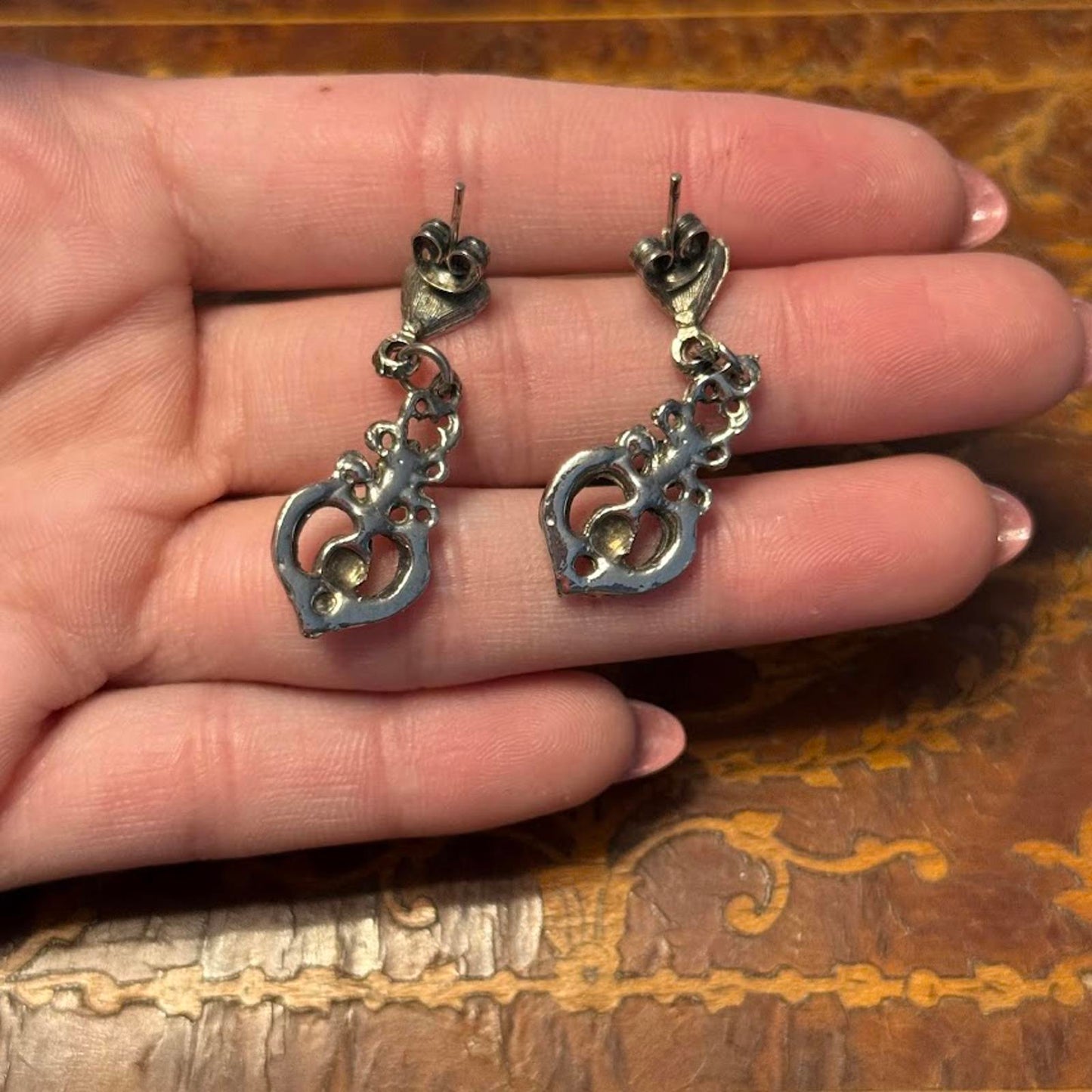 Art Deco style silvertone dangle earrings