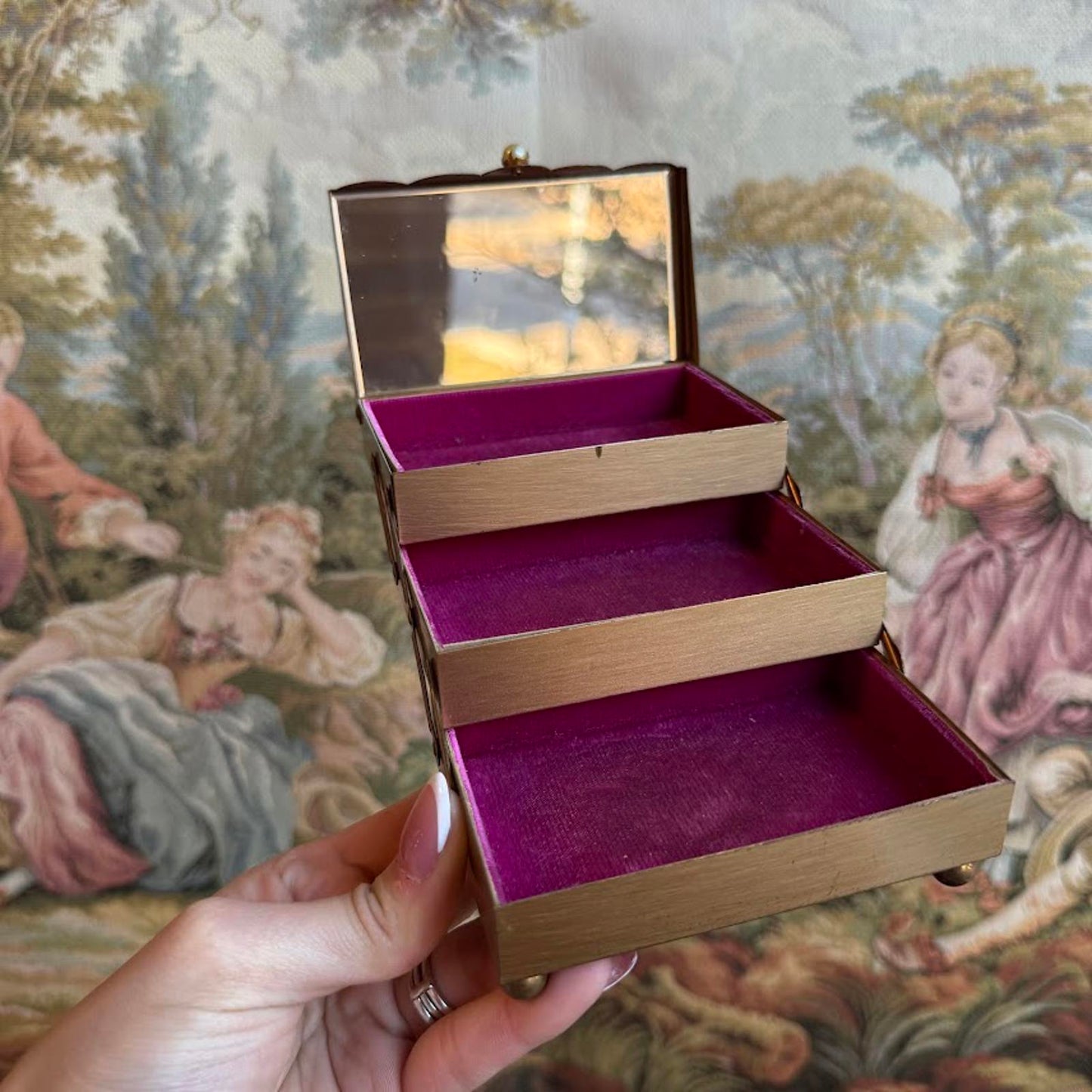 Vintage Pearl Accent Jewelry Box with tiered Interior